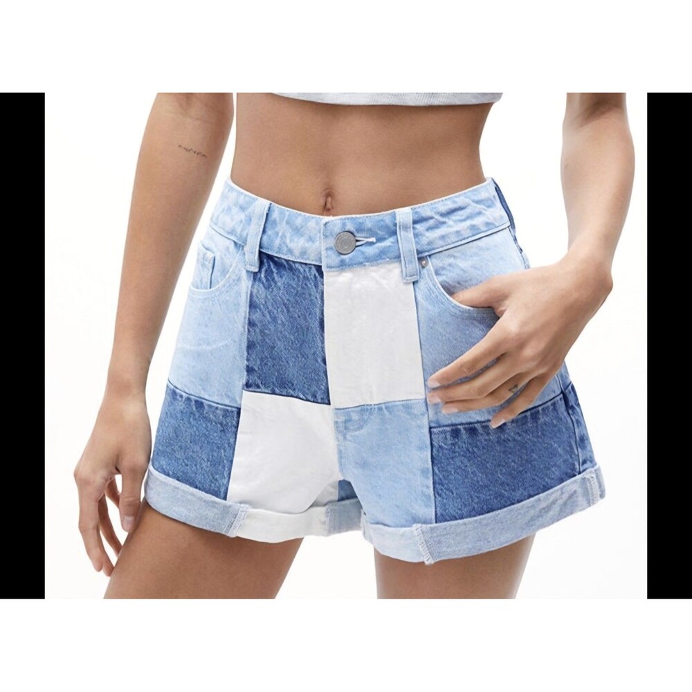 PacSun Womens Sz 29 Eco Pieced Patchwork Blue & White Denim Mom Shorts Sold Out!